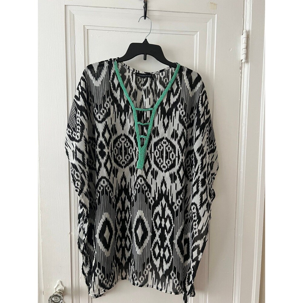 Boho beaded tunic sheer bikini coverup Club Z turquoise black white